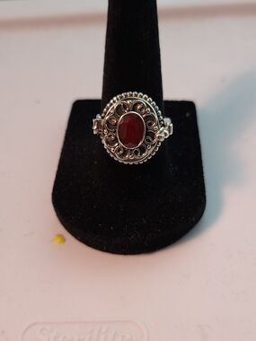 Vintage-style Poison Locket Ring featuring an oval Ruby Gemstone Sterling Silver